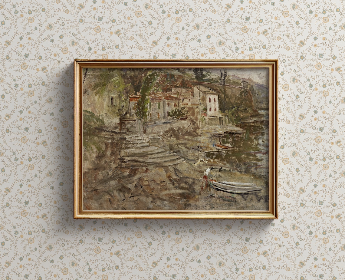 Vintage Neutral Landscape Oil Painting Rustic Coastal Poster