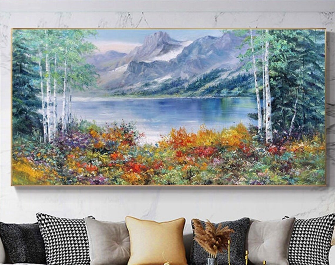 Lake, Mountain and Tree Oil Painting, Modern Art Print