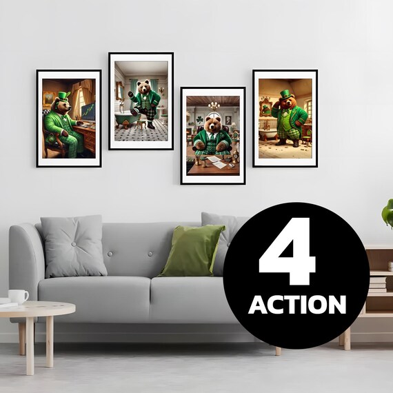 Bear in Green Suit Four Piece Poster Set St Patrick Office Decor