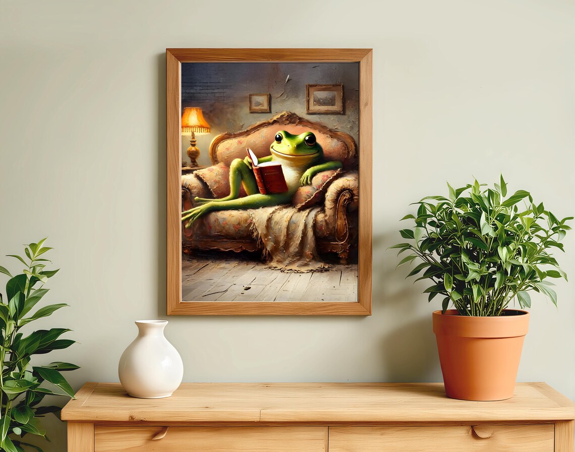 Cozy Frog Reading a Book on a Vintage Sofa at Home Humor Poster