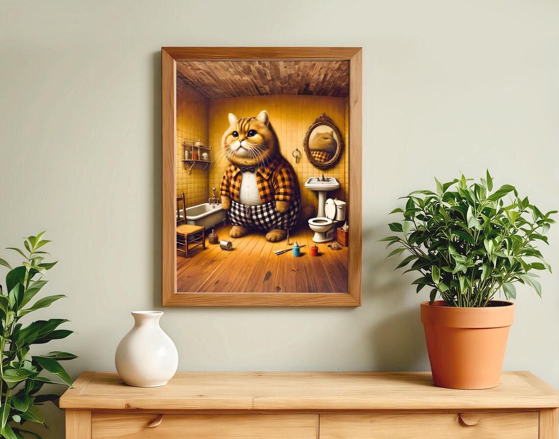 Pajama Cat Standing in Tiled Bathroom Funny Morning Routine Poster