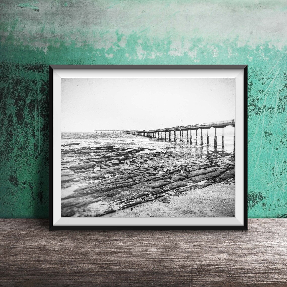 Ocean Pier Rocky Tide Pools Golden Beach Coastal Photography Poster - Image 2