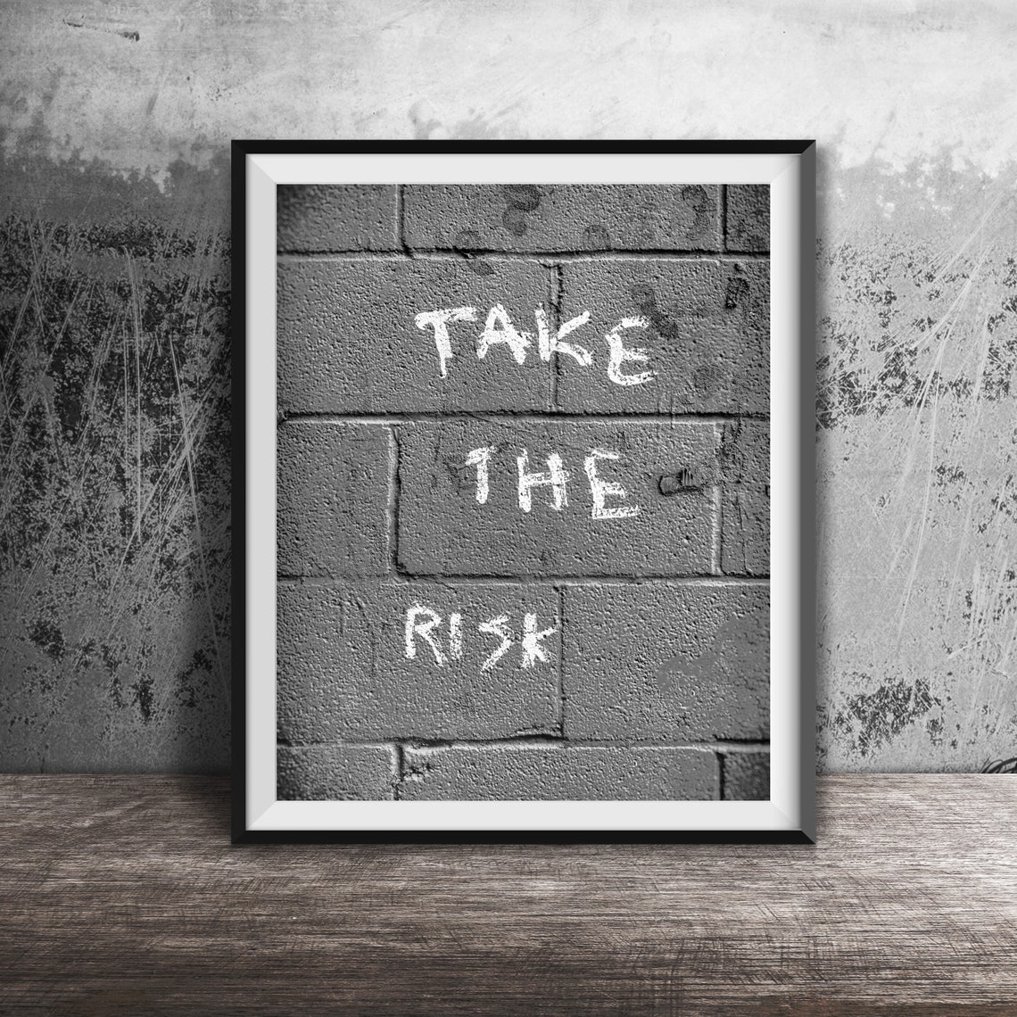 Take the Risk Bold White Graffiti on Orange Brick Wall Poster - Image 2