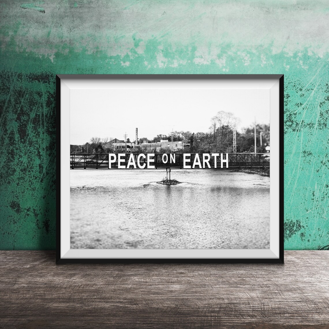 Peace On Earth Lettering Across a River Bridge Holiday Photo Poster - Image 2