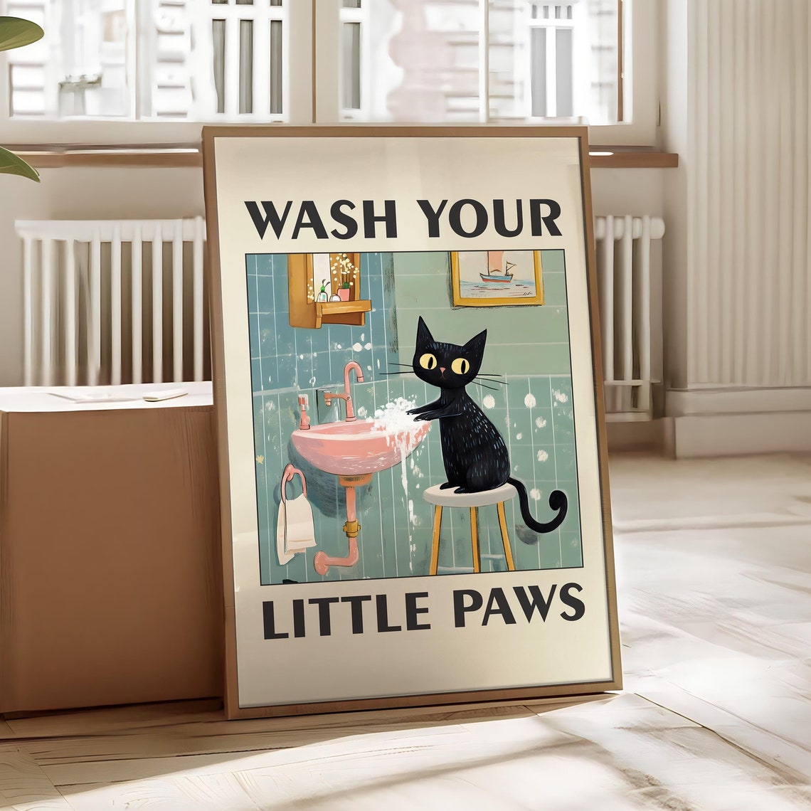 Wash Your Little Paws Funny Black Cat Vintage Bathroom Poster