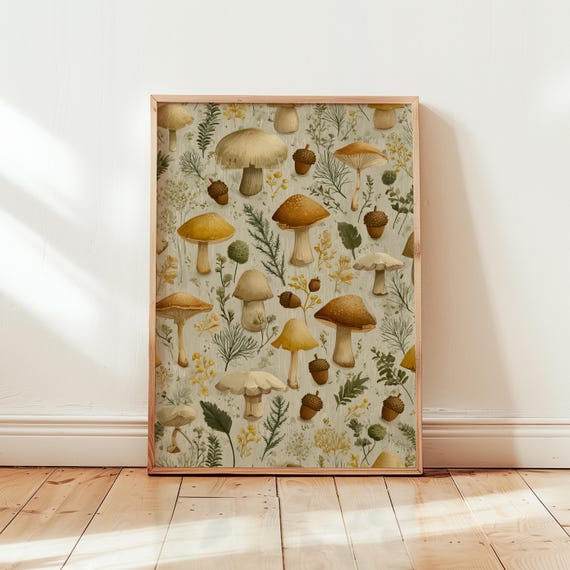 Rustic Cottagecore Mushroom Painting Sage Green Botanical Wall Art Print Earthy Decor With Acorns And Ferns
