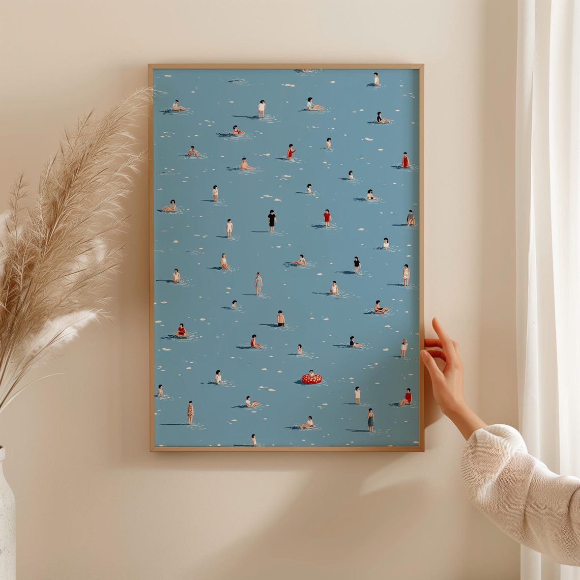 Tiny Swimmers Blue Ocean Minimalist Aerial Beach Crowd Art Poster