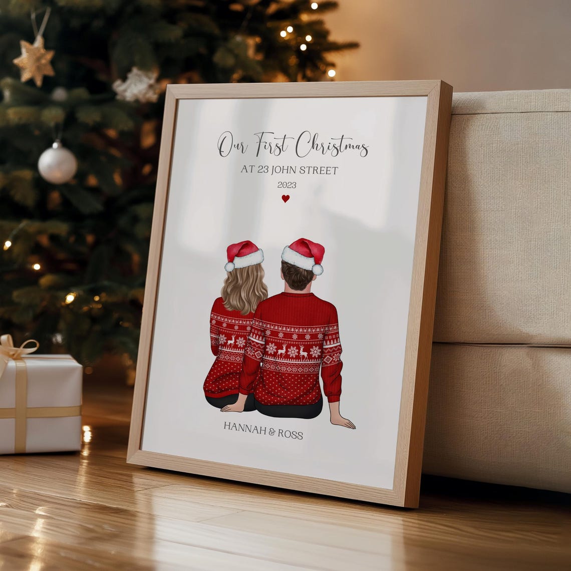 Personalised First Christmas Couple Print in Santa Hats Red Jumpers