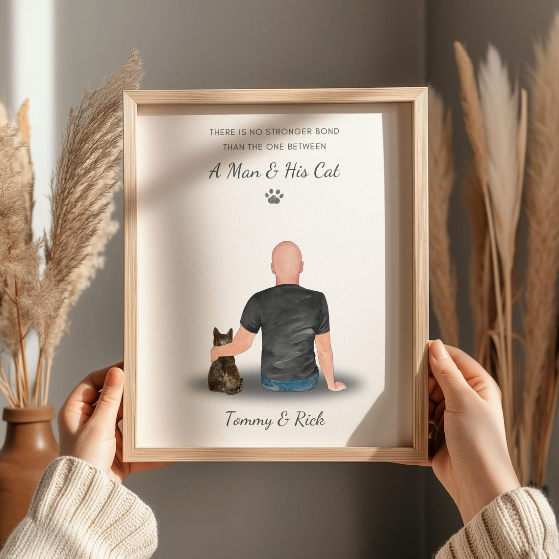 Man And His Cat Strongest Bond Personalized Cat Dad Portrait Print