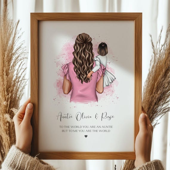 Personalised Auntie and Niece Print Pink Watercolor Portrait Gift
