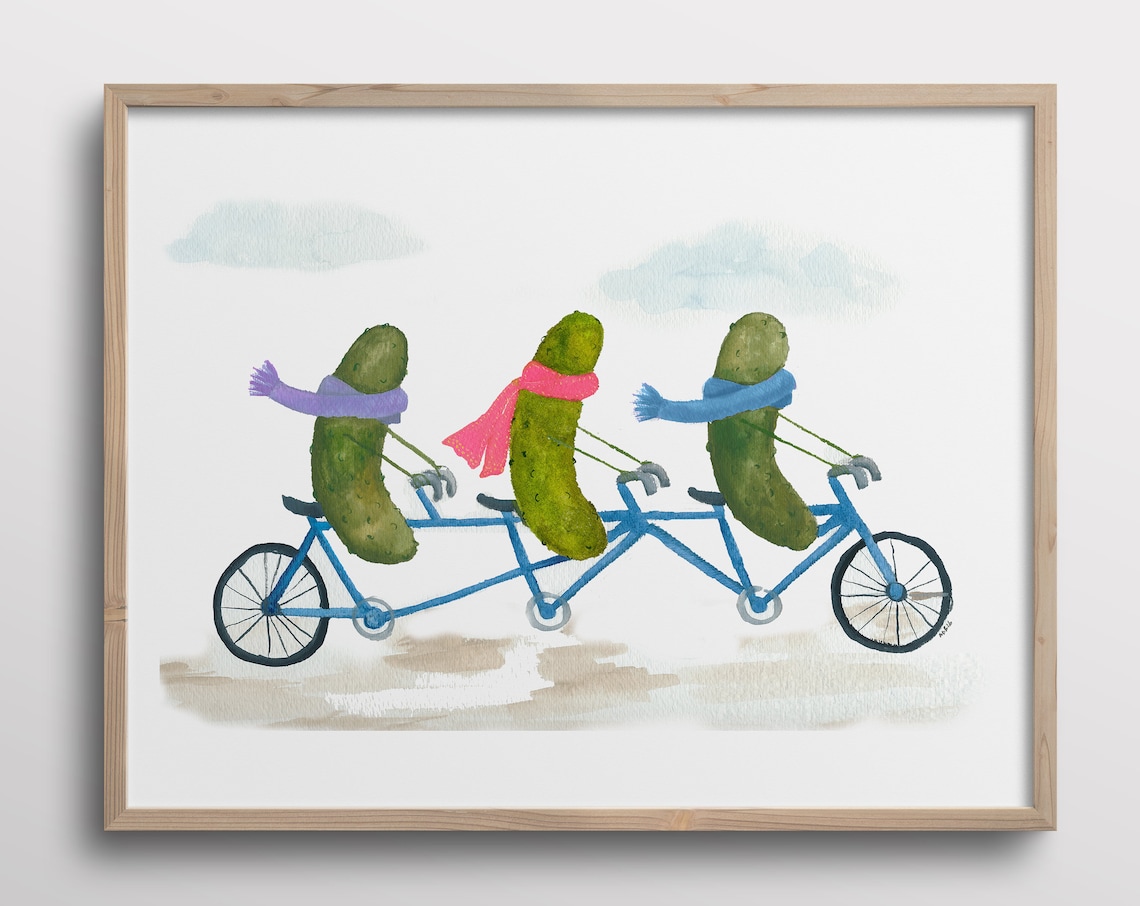 Whimsical Pickles on a Bicycle Watercolor Art Print