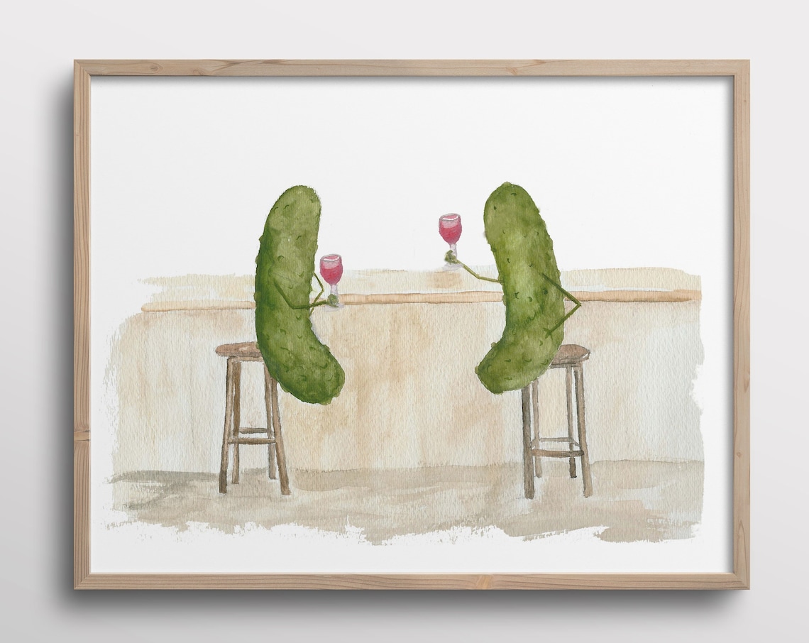 Whimsical Pickles With Mustaches Wine Bar Art Print