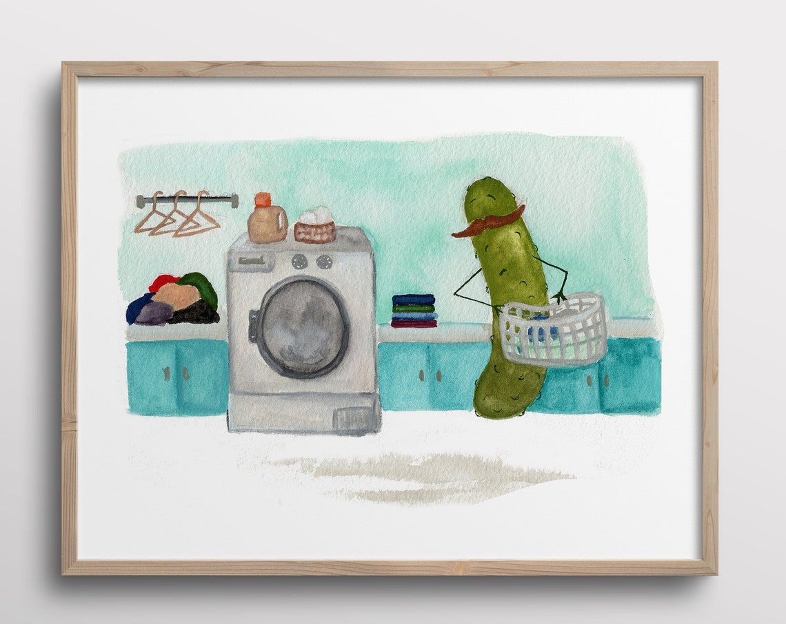 Whimsical Pickle Doing Laundry Watercolor Art Print