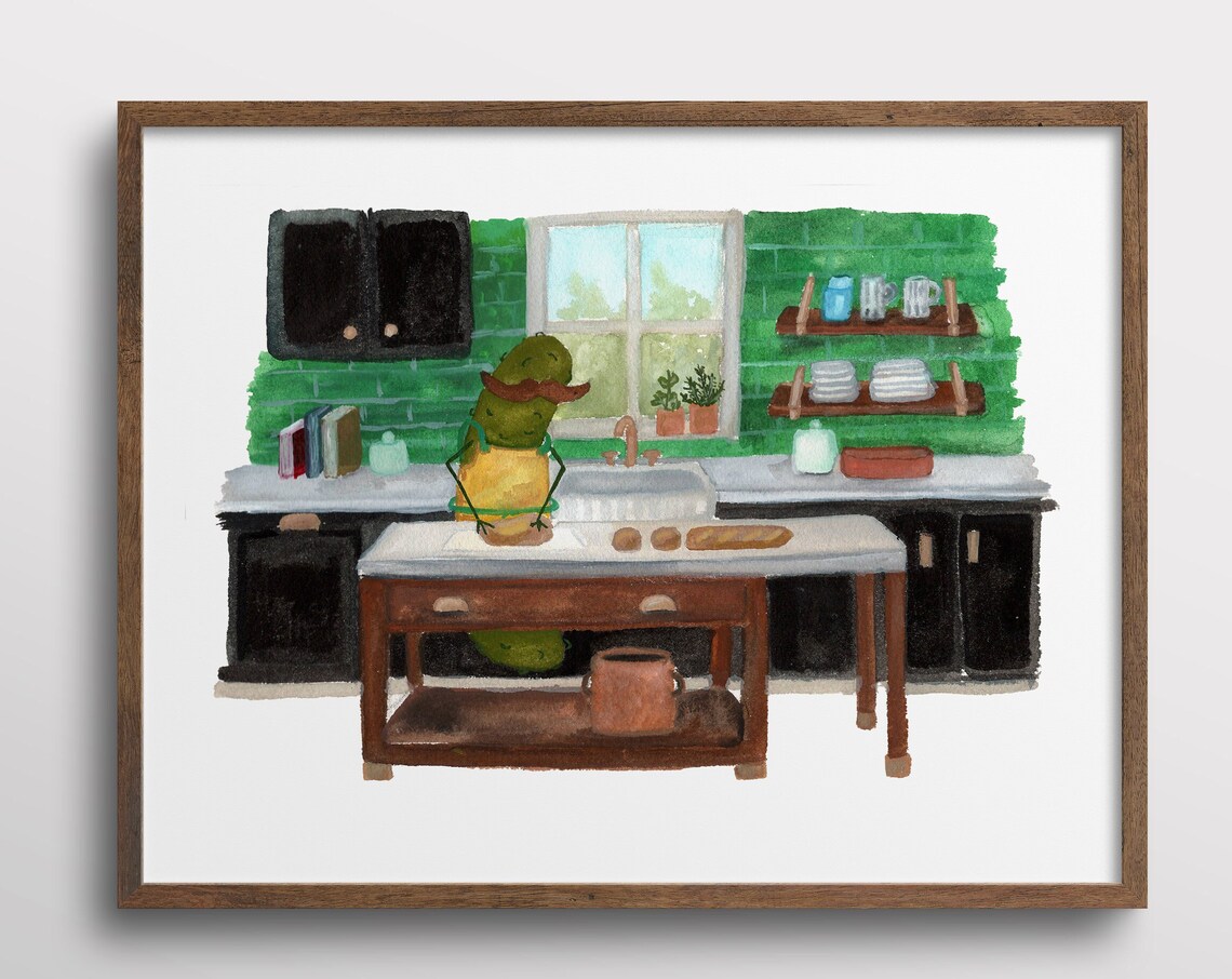 Whimsical Pickle With A Mustache Watercolor Art Print