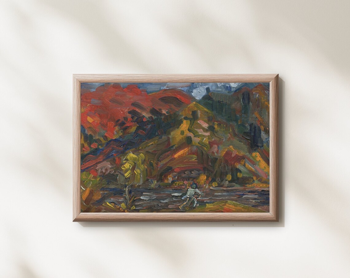 Fauvist Fiery Red Mountains With a Lone Figure by Water Poster - Image 3