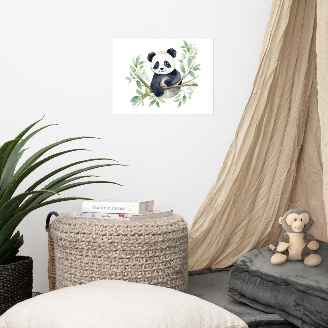 Cute Baby Panda on Tree Branch Watercolor Leaves Nursery Poster - Image 4