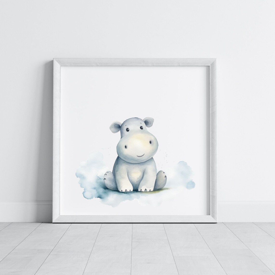 Cheerful Baby Hippo Watercolor Blue Wash Nursery Animal Poster - Image 4