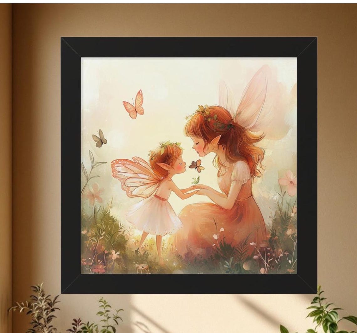 Fairy Mother and Child Butterflies Fantasy Nursery Art Poster