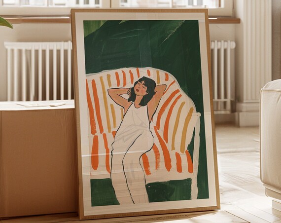 Woman Lounging White Dress Striped Chair Emerald Green Figure Art Poster