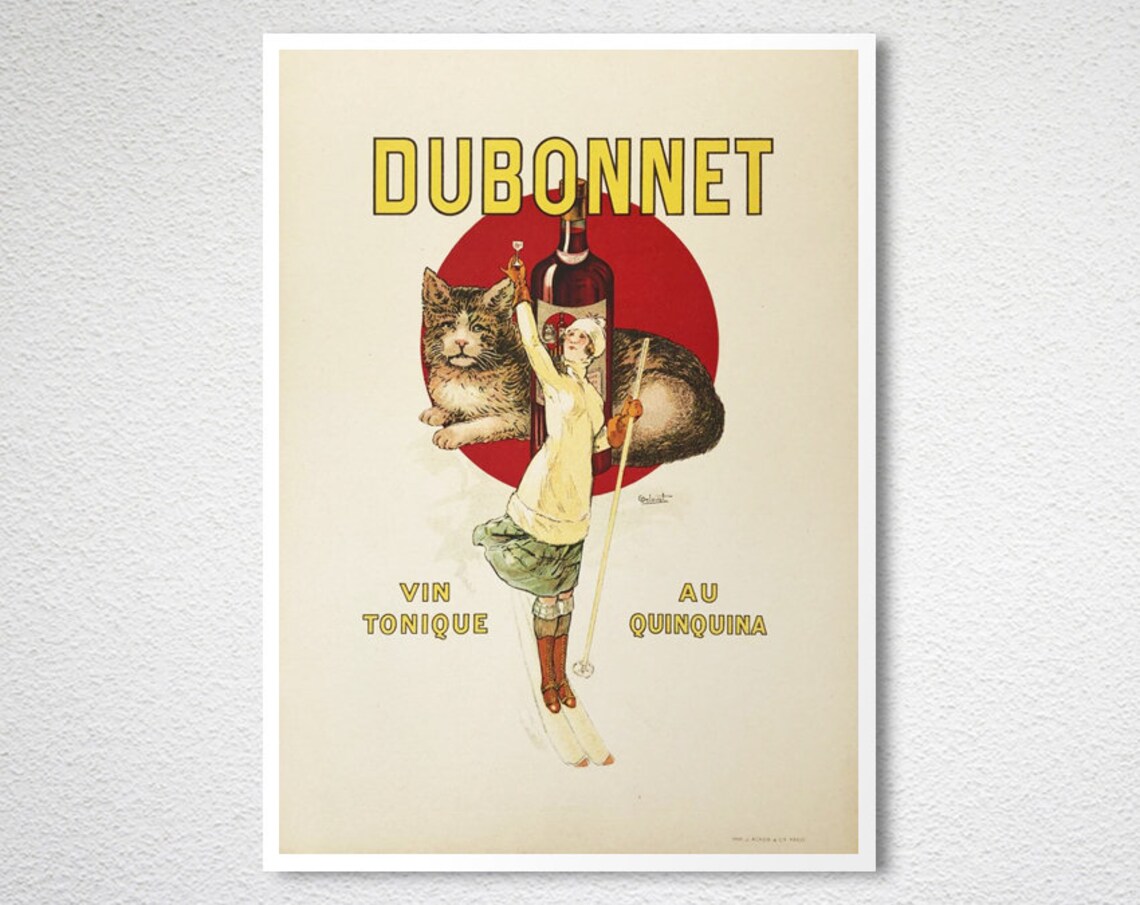 Dubonnet Vin Tonique au Quinquina Vintage French Cat Ski Poster - Image 2