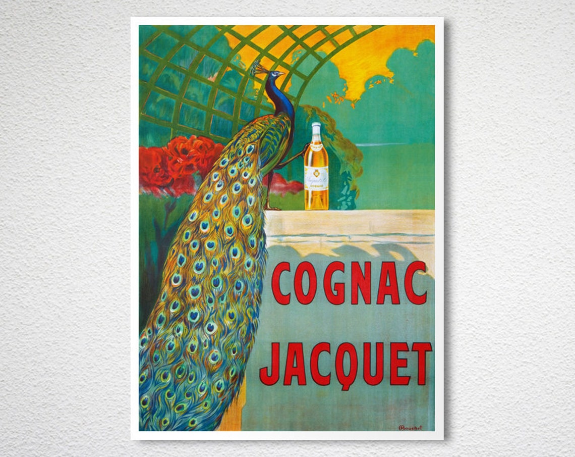 Cognac Jacquet Peacock Bottle Ledge Elegant Vintage Ad Poster - Image 2