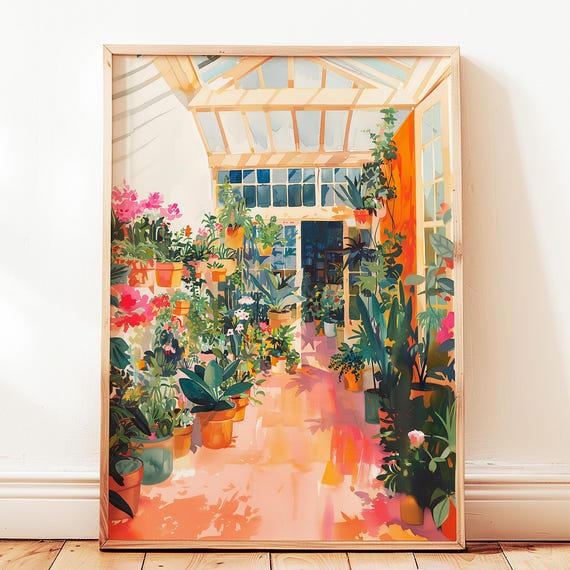 Greenhouse Art Print Plant Painting Poster Floral Wall Decor Framed Mom Plants Botanical