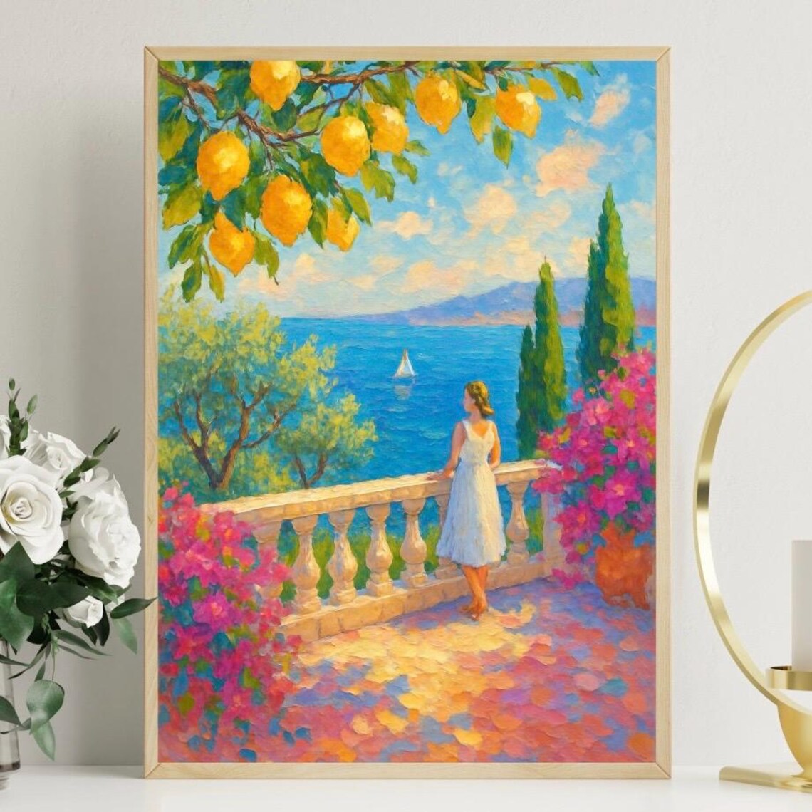 Italian Summer Balcony Art Print, Mediterranean Landscape