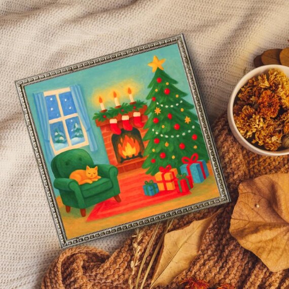 Cozy Christmas Living Room With Cat Napping by the Fireplace Poster