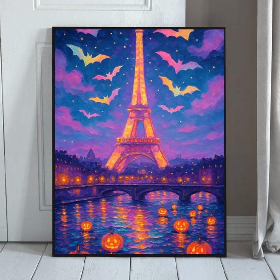 Halloween In Paris Art Print Eiffel Tower Pumpkins Png