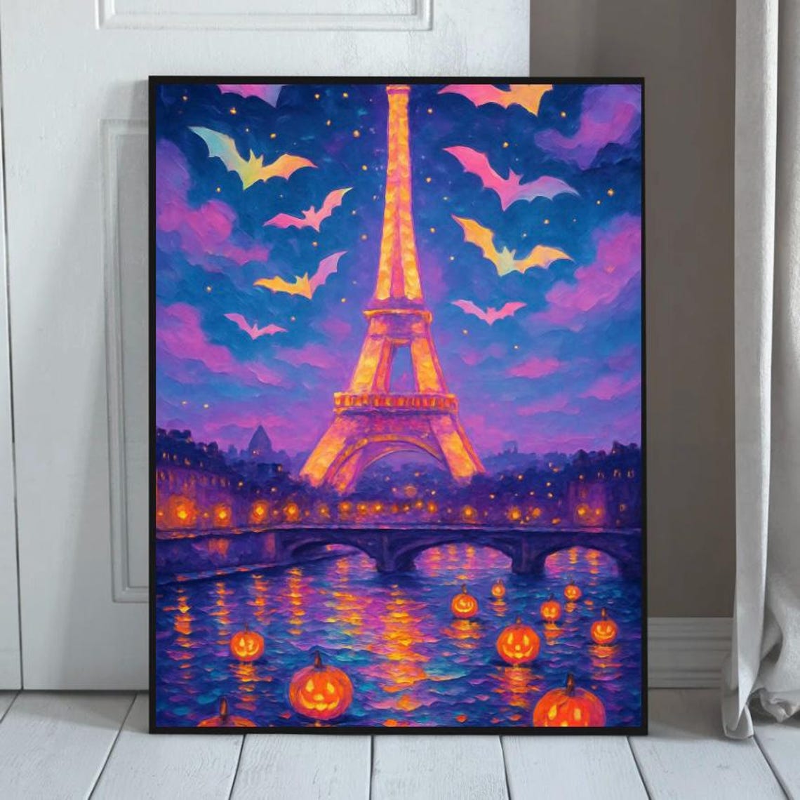 Halloween in Paris Eiffel Tower With Bats and Floating Pumpkins Poster