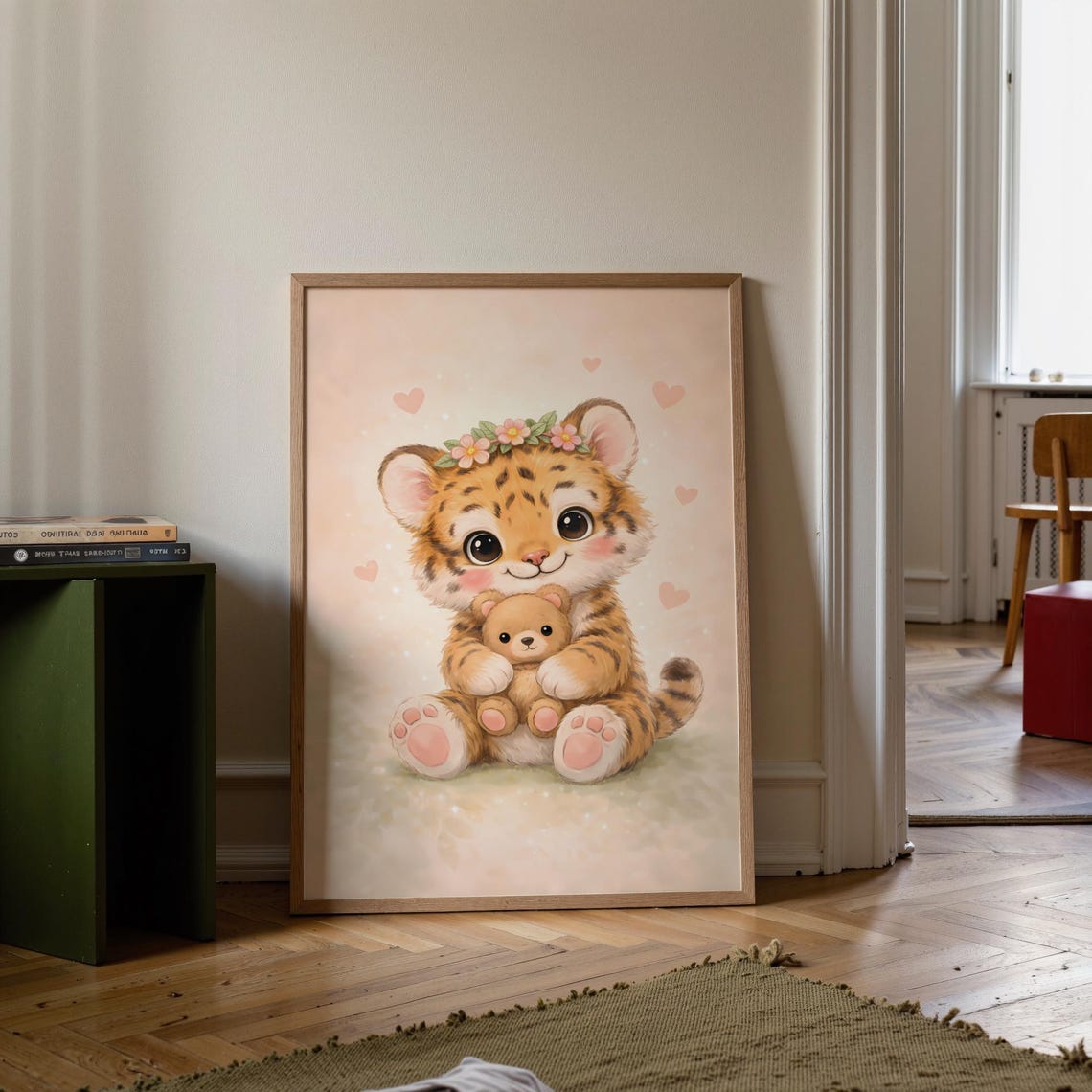 Baby Tiger Hugging Teddy Bear Floral Crown Nursery Room Poster