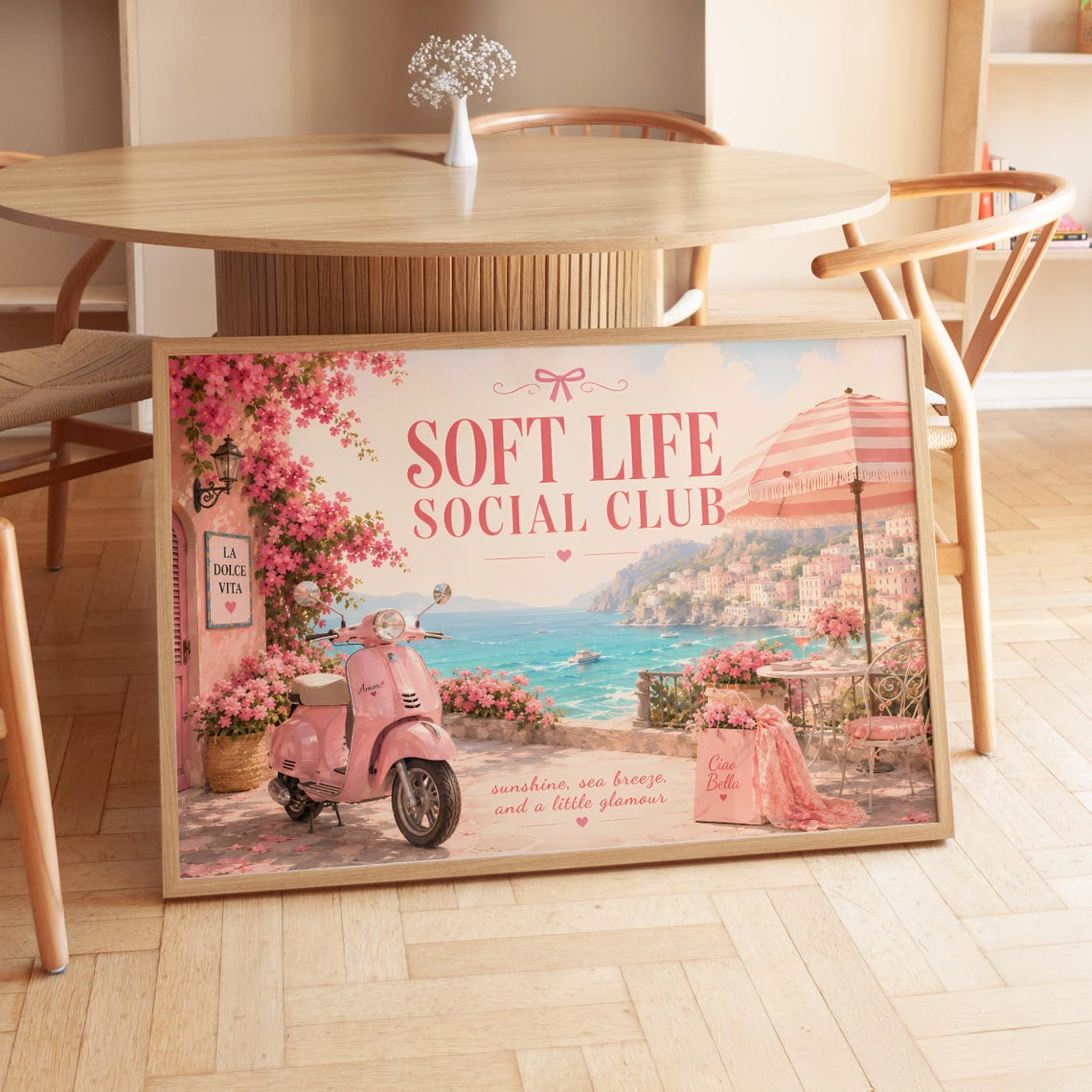 Soft Life Social Club Pink Vespa Amalfi Coast Summer Wall Poster