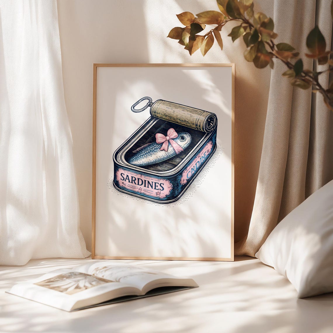 Retro Sardine Tin Poster Cute Fish Wall Decor Vintage Kitchen Art Funny Seafood Print Coastal Cottagecore Gift