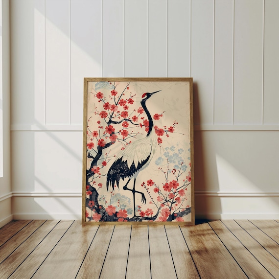 Ukiyoe Crane, Cherry Blossom Zen Art Poster