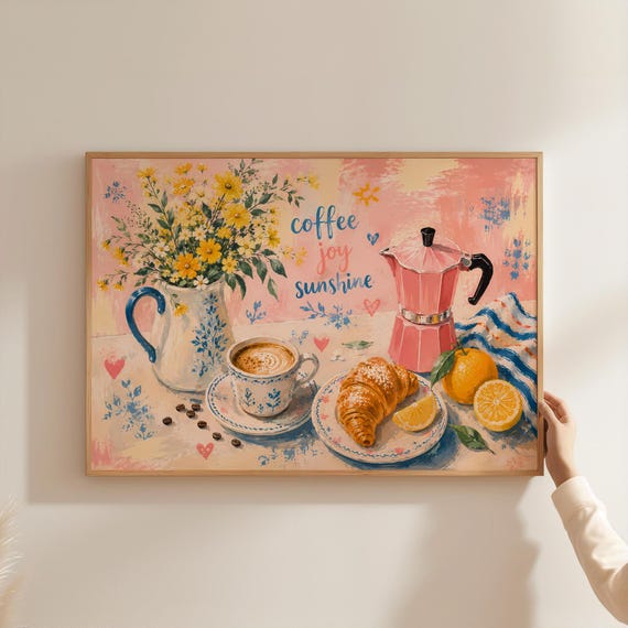 Retro Pink Moka Pot Poster Coffee Joy Sunshine Typography Print Aesthetic Croissant And Orange Wall Art Cozy Kitchen Decor