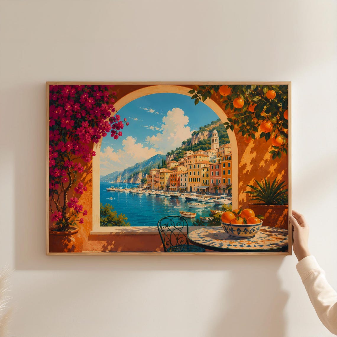 Italy Coastal Town Through Arched Window Bougainvillea Travel Poster