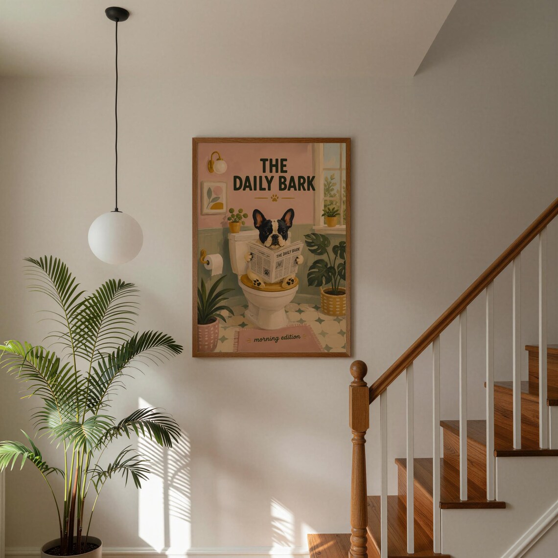 Funny French Bulldog Reading The Daily Bark On Toilet Pink Dog Art Poster