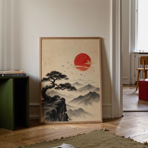 Printable Japanese Poster Bonsai Tree Digital Download Rising Sun Wall Art Vintage Asian Landscape File Japandi Zen Mountain Print