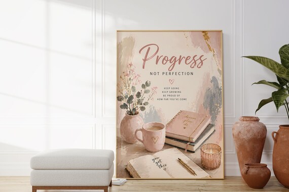 Progress Not Perfection Cozy Journal Desk Motivational Quote Poster