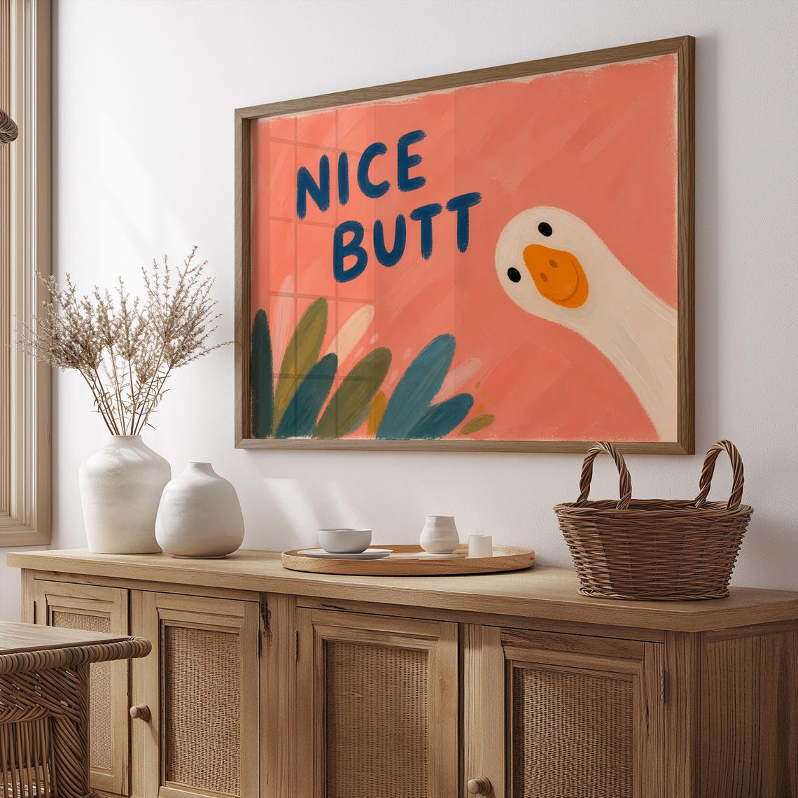 Nice Butt Goose Coral Bathroom Humor Cute Bird Illustrated Wall Poster