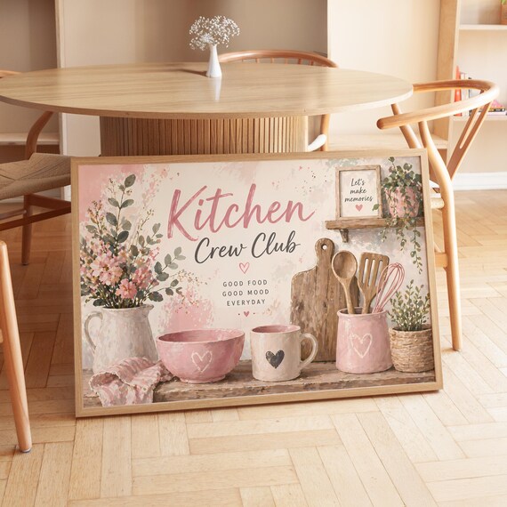 Kitchen Crew Club Watercolor Poster Pink Floral Cooking Gift Wall Decor