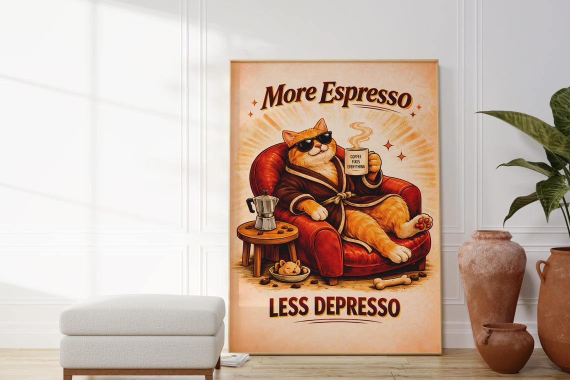 More Espresso Less Depresso Funny Coffee Cat Retro Kitchen Poster