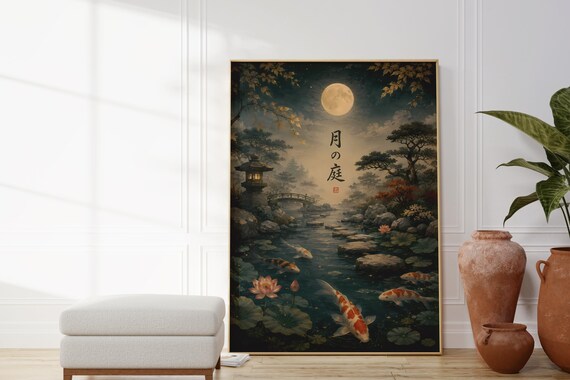 Printable Japandi Style Moon Garden Poster Calming Asian Landscape Art Download Modern Kanji Calligraphy Pdf