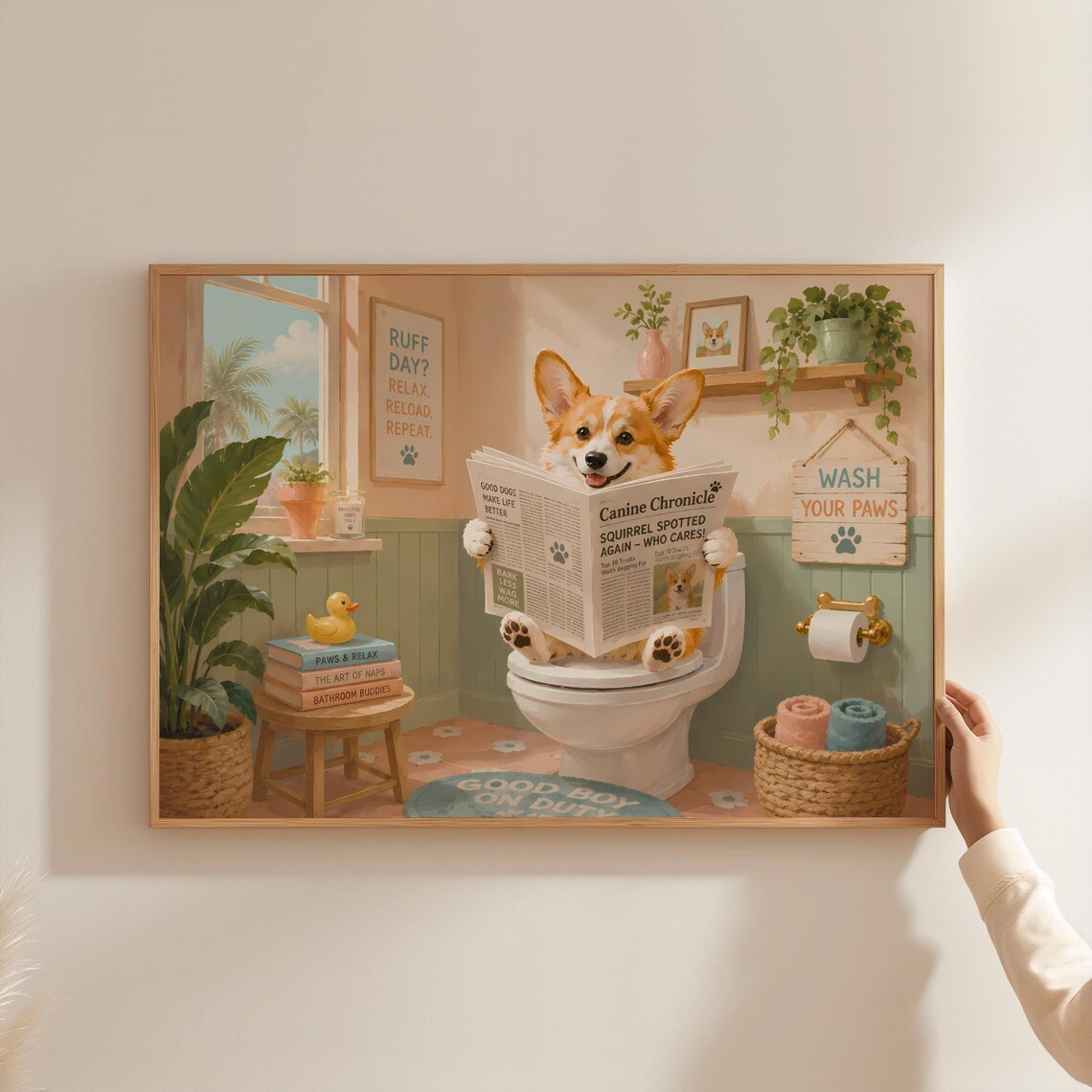 Funny Corgi Dog On Toilet Poster, Cute Bathroom Art