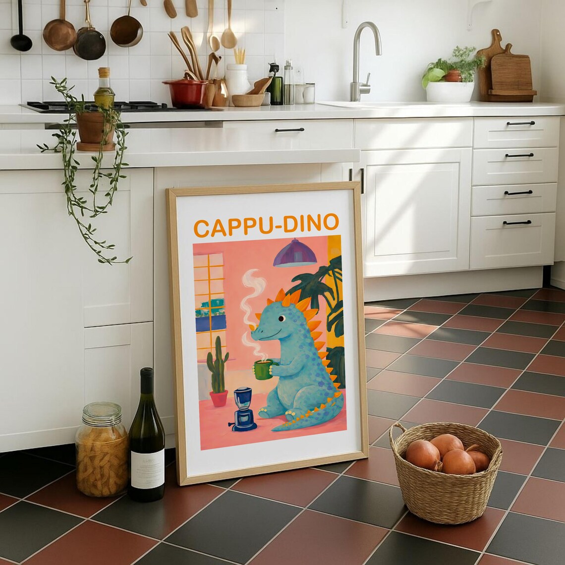 Cappuccino Dinosaur Poster, Cute Coffee Kitchen Decor