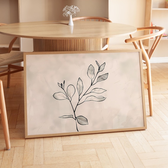 Botanischer Line Art Print Einzelner Zweig Download In Beige Grau Minimalistische Pflanzen Wandkunst