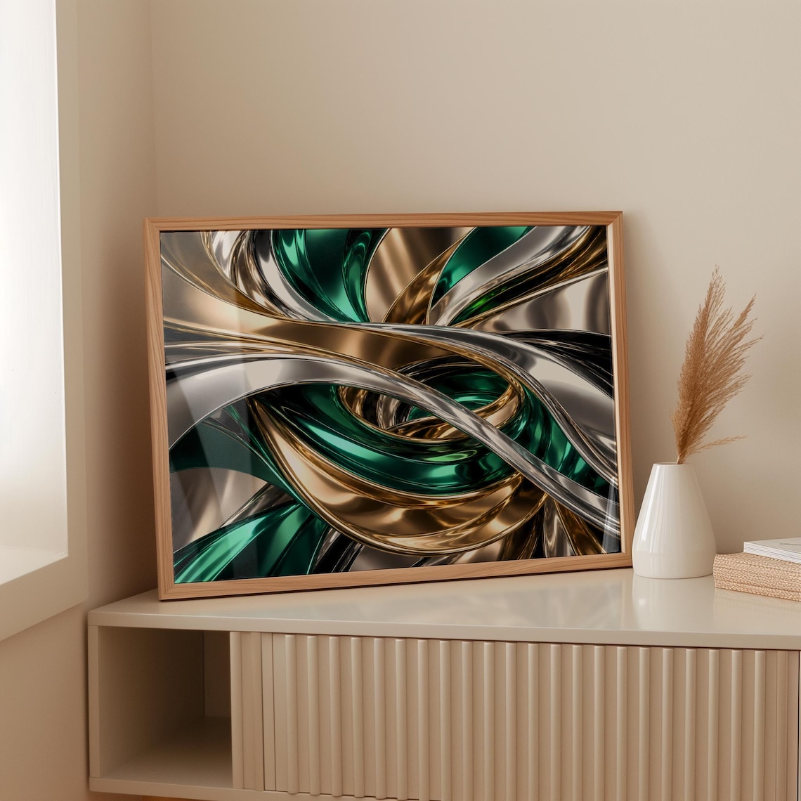 Emerald Green Gold Abstract Poster, Luxury Wave Art