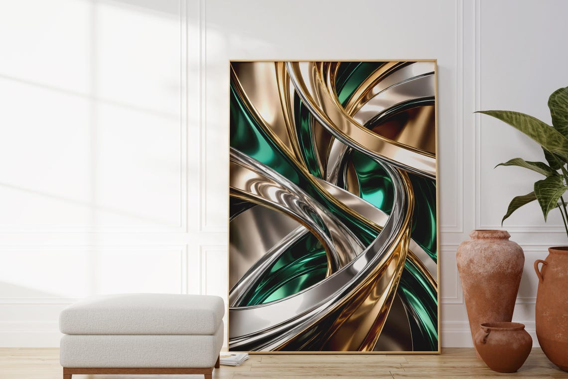 Emerald Green Gold Flowing Liquid Metal Abstract Luxury Poster