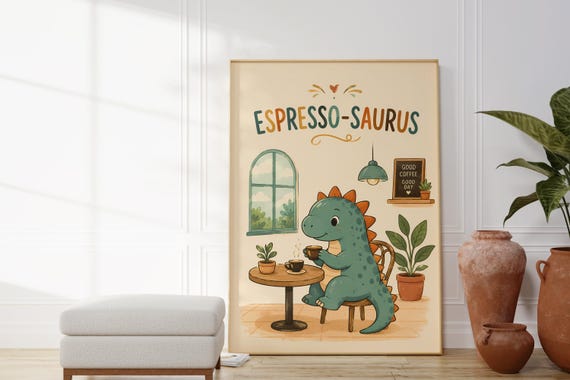 Digital Download Espressosaurus Typography Cute Green Dinosaur Coffee Printable Wall Art Whimsical Dino Print File