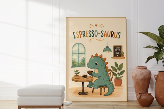 Espresso Saurus Cute Green Dinosaur Coffee Shop Adorable Poster
